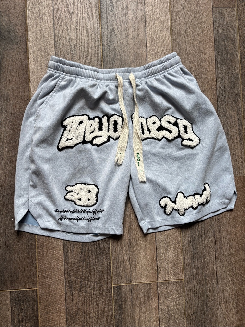 Light Blue Men's Athletic Drawstring Shorts with Embroidered Patches